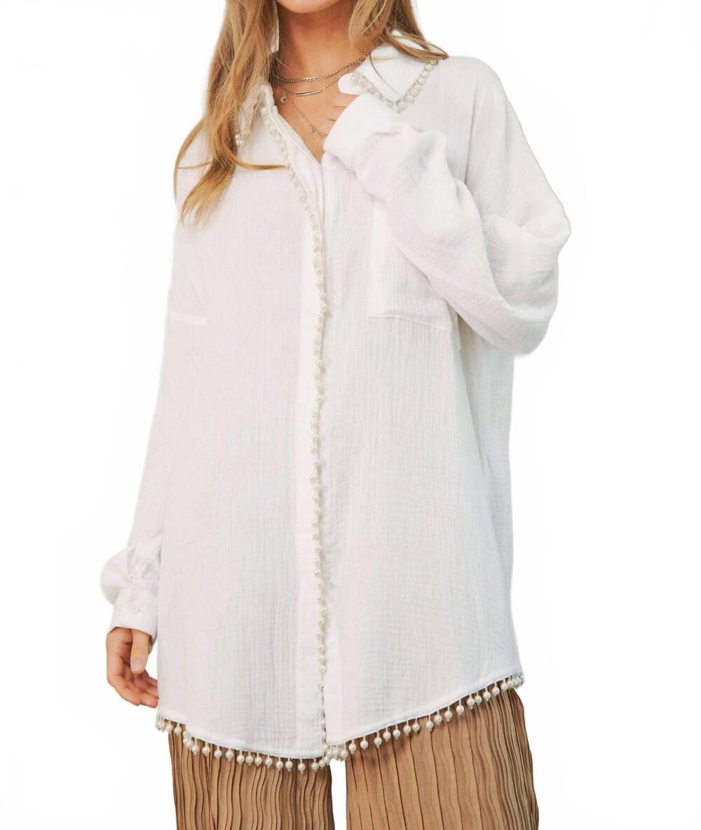 NEW DAVI & DANI pearl embellishment button front shirt - plus in white